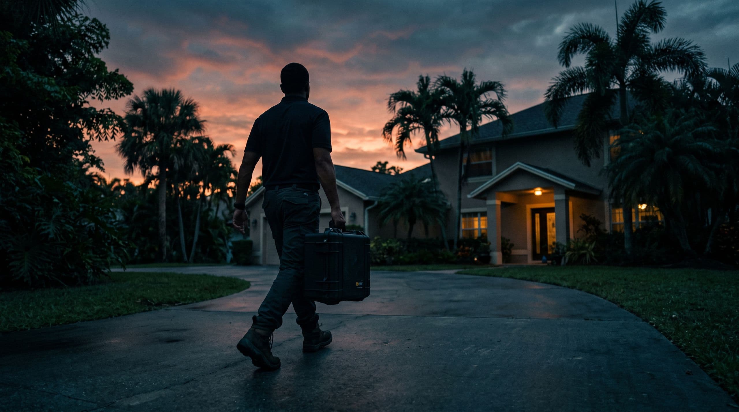 A Mold Shark inspector arriving at a Florida home at dusk