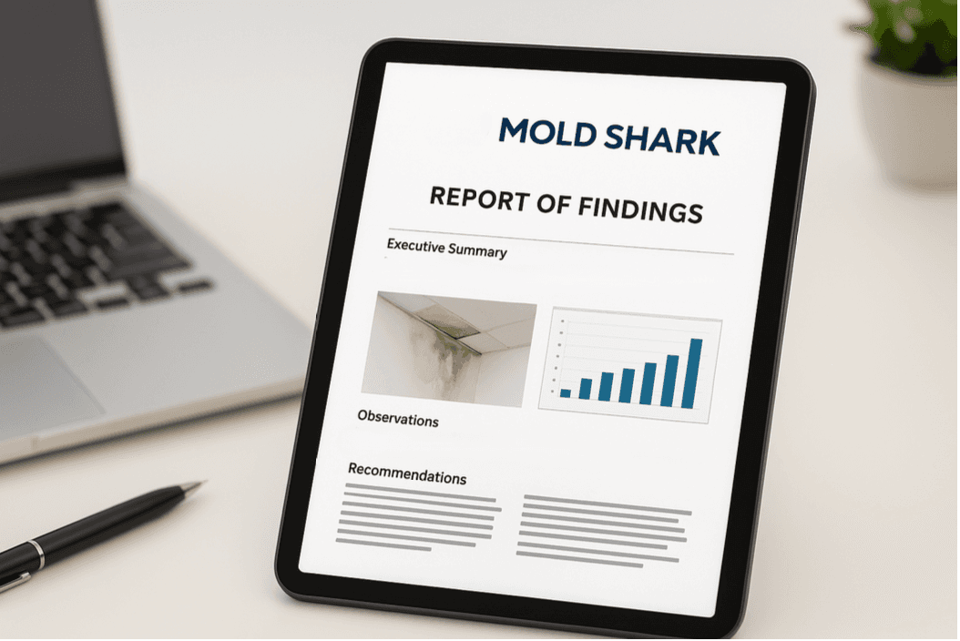 Photo-rich mold inspection report reviewed on a tablet