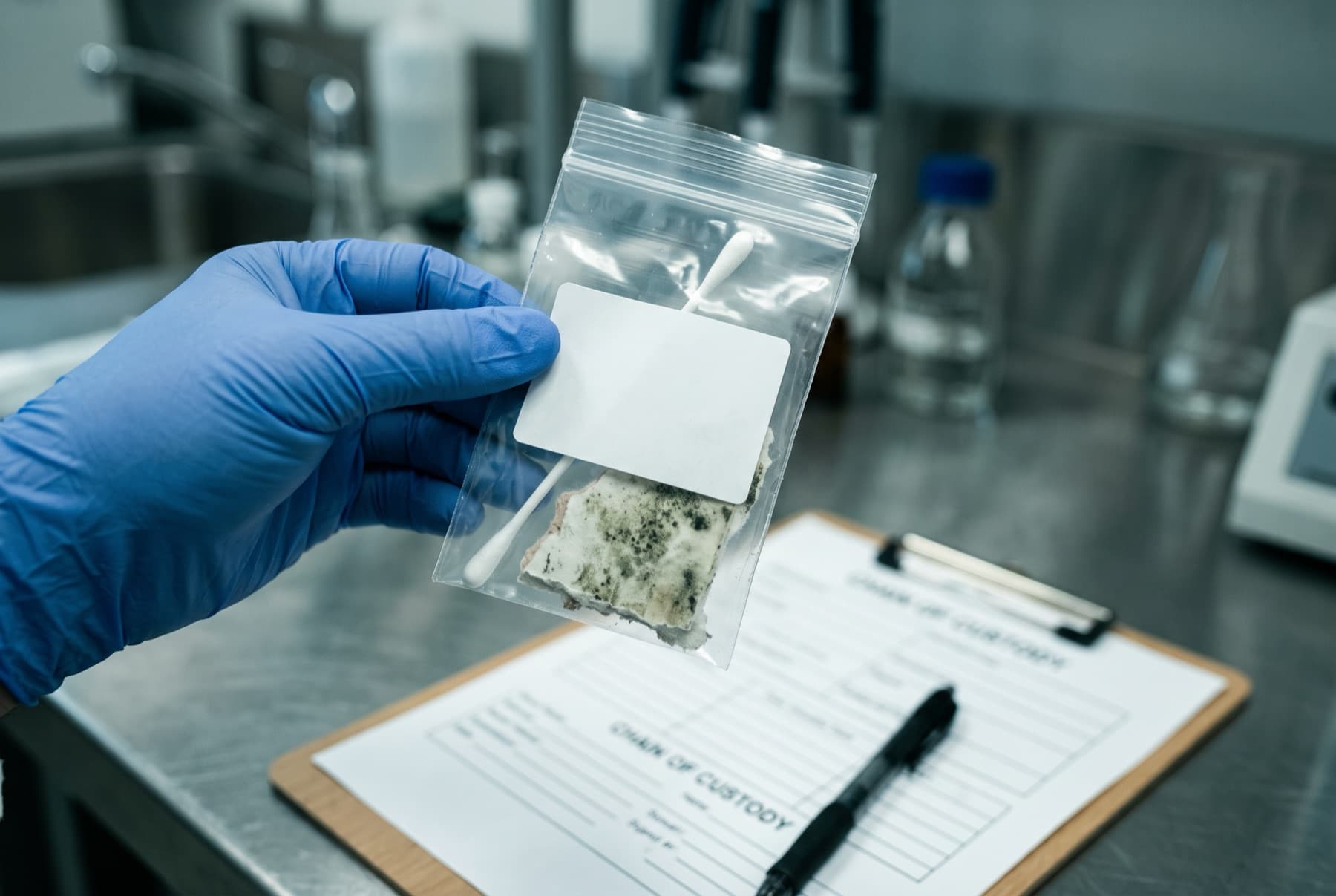 Gloved hand holding a sealed, labelled mold sample bag above a chain of custody form